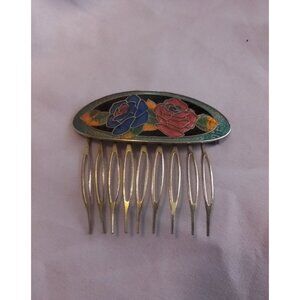 Vintage Cloissone Metal Hair Comb with Enamel Rose Floral Design Gold-Tone